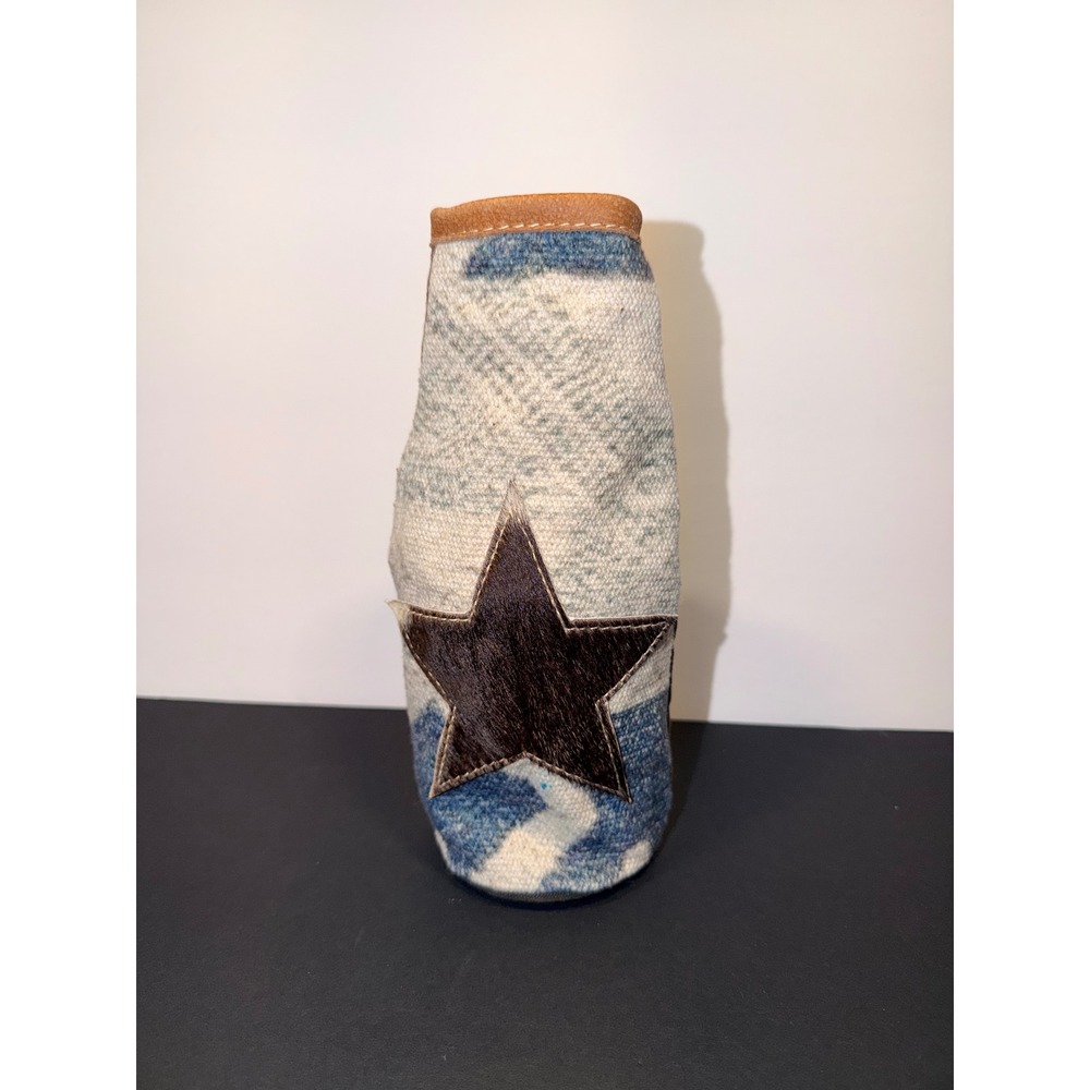 Western Star Wine Bottle Koozie Carrier Canvas Leather Hair-on-Hide Brown Blue‎